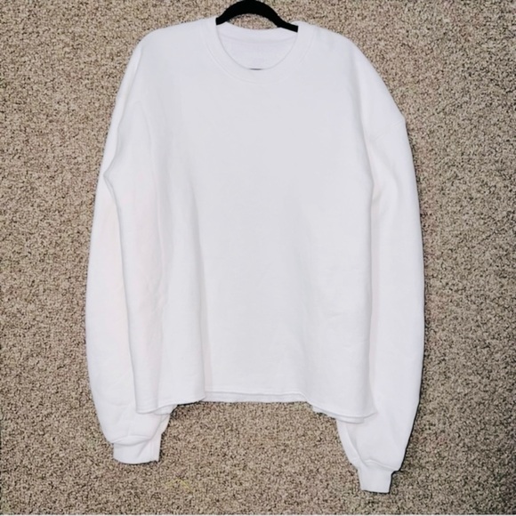 MADHAPPY Solid White Oversized Crewneck Sweatshirt w Raw Hem 100% COTTON Unisex - Picture 4 of 15